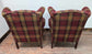 Pair of Red Tartan Fabric Armchairs, Wingback Style with Brass Studs