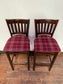 Pair of Dark Wood Bar Stools with Red and White Check Upholstered Seats