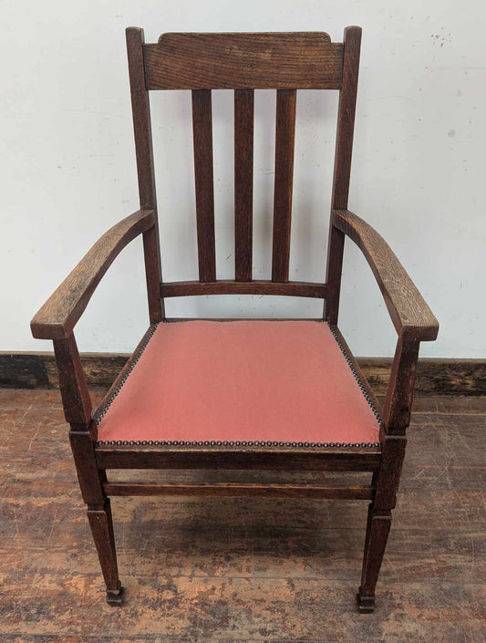 Brown Wooden Dining Armchair with Salmon-Pink Fabric Seat