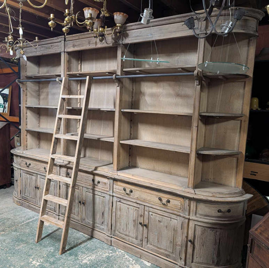 Huge Wooden Shelving Unit with Ladder and Rail, Drawers and Cabinets