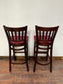 Pair of Dark Wood Bar Stools with Red and White Check Upholstered Seats