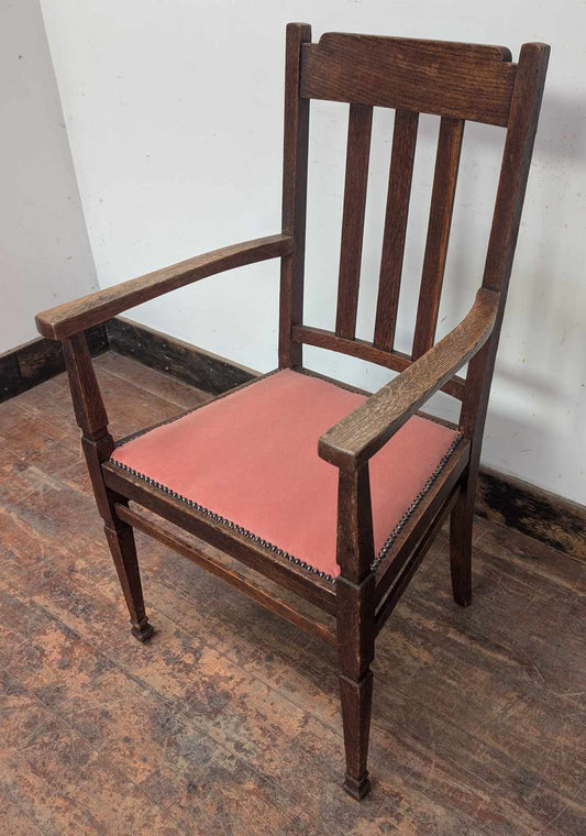 Brown Wooden Dining Armchair with Salmon-Pink Fabric Seat