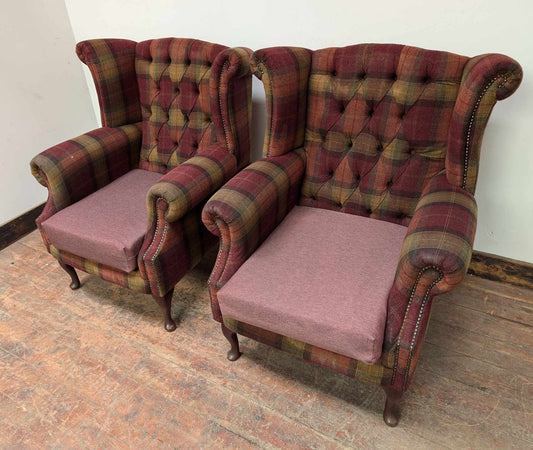Pair of Red Tartan Fabric Armchairs, Wingback Style with Brass Studs