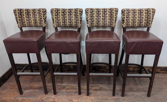 Set of Four Vegan Leather Bar Stools with Patterned Fabric Backs