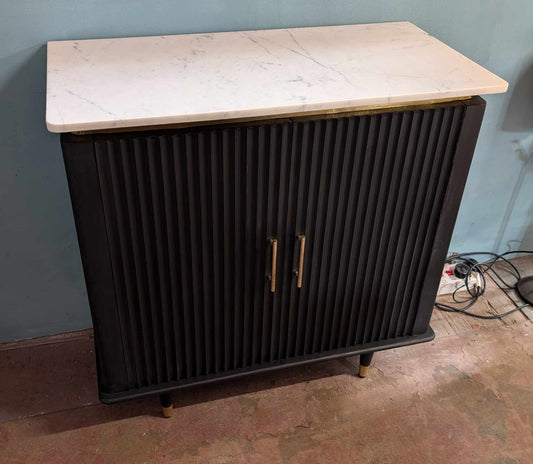 Scandi Style Black Wood Cabinet with White Marble Top, Gold Border and Handles