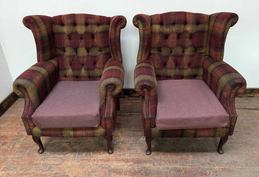 Pair of Red Tartan Fabric Armchairs, Wingback Style with Brass Studs