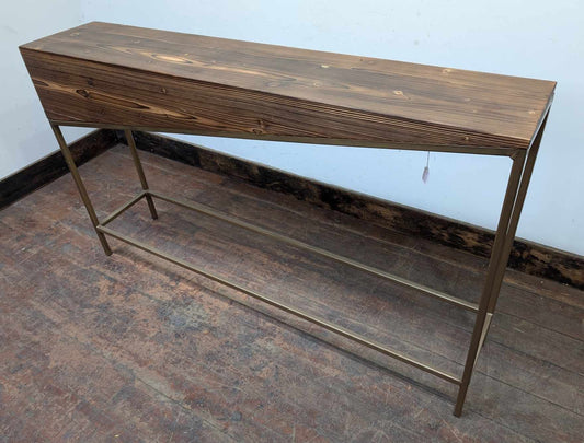 Skinny Console Table with Slanted Design, Metal Frame and Wood Top