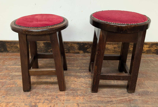 Pair of Short Wooden Stools with Red Fabric Upholstery - Slightly Mismatched