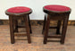 Pair of Short Wooden Stools with Red Fabric Upholstery - Slightly Mismatched