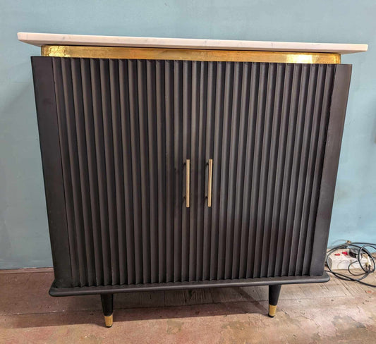 Scandi Style Black Wood Cabinet with White Marble Top, Gold Border and Handles