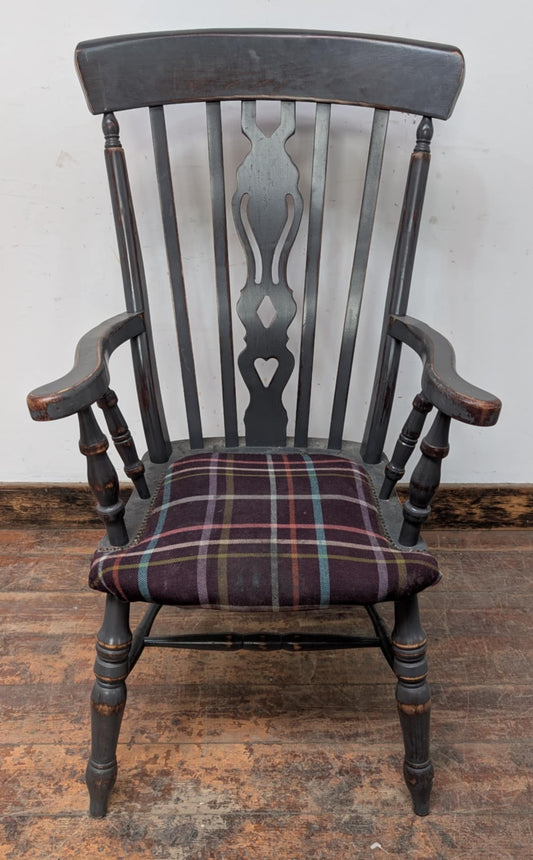 Grey High Back Distressed Wooden Armchair with Upholstered Seat