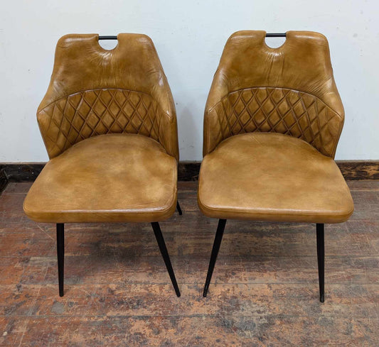 Pair of Tan Leather Dining Chairs with Black Steel Frames