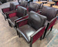 Set of Six Square Black and Red Faux Leather Tub Chairs with Wood Frames