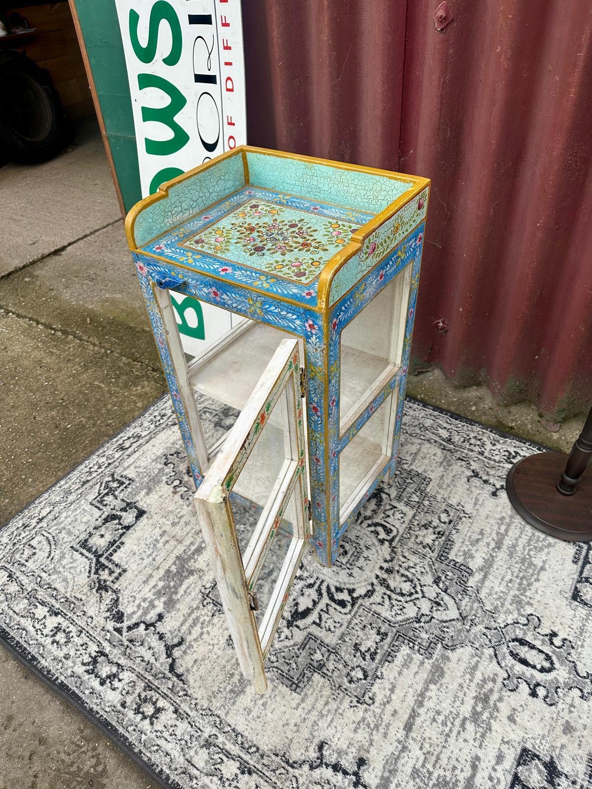 Colourful Painted Glass Display Cabinet Turquoise Blue Floral Storage Unit