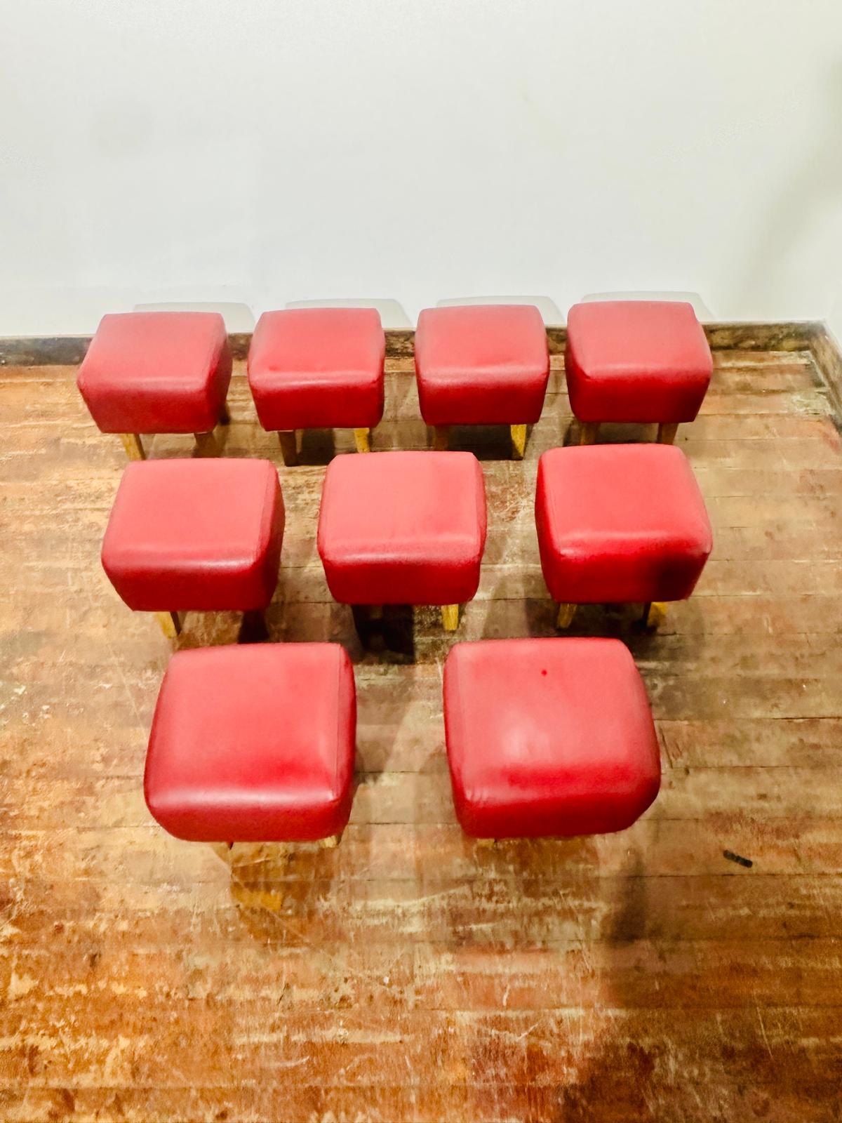 Set of 9 Red Leather Effect Low Pub Bar Stools Wooden Legs