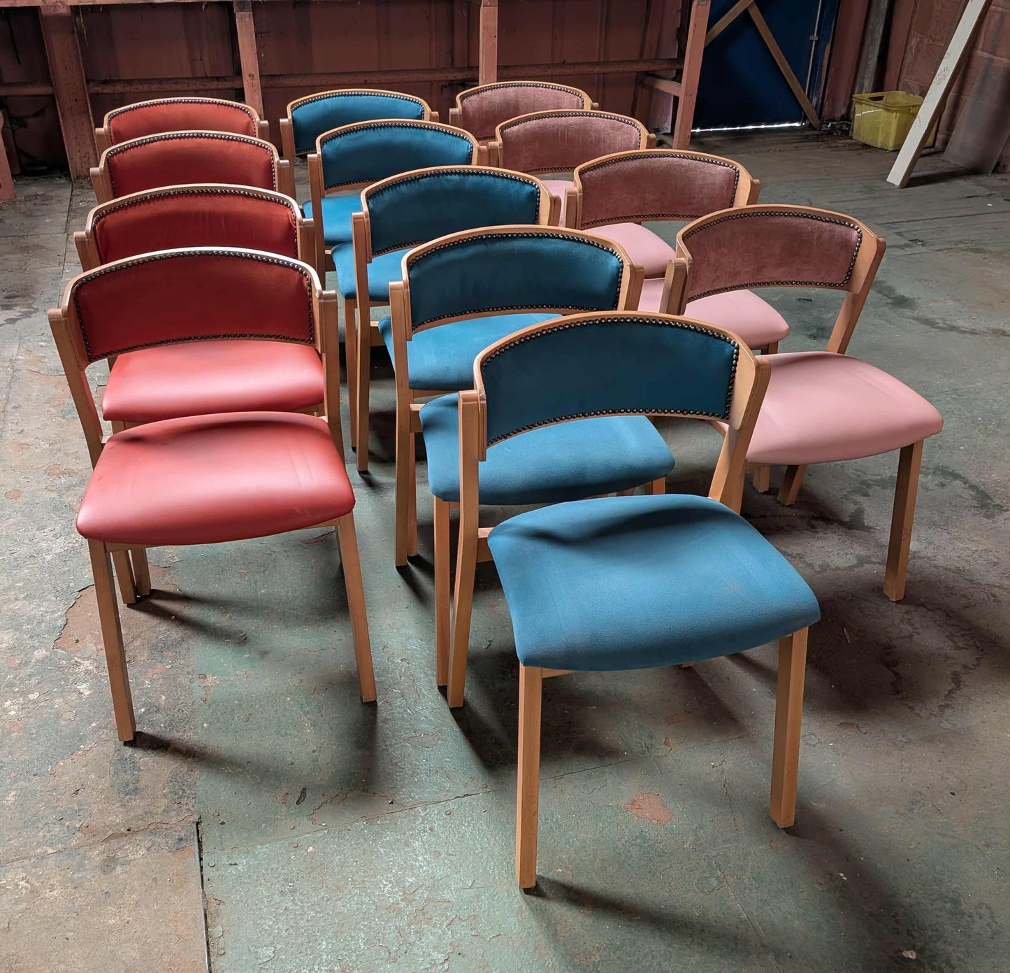 Set of 13 mixed colour faux-leather and fabri chairs for cafe / pub / restaurant