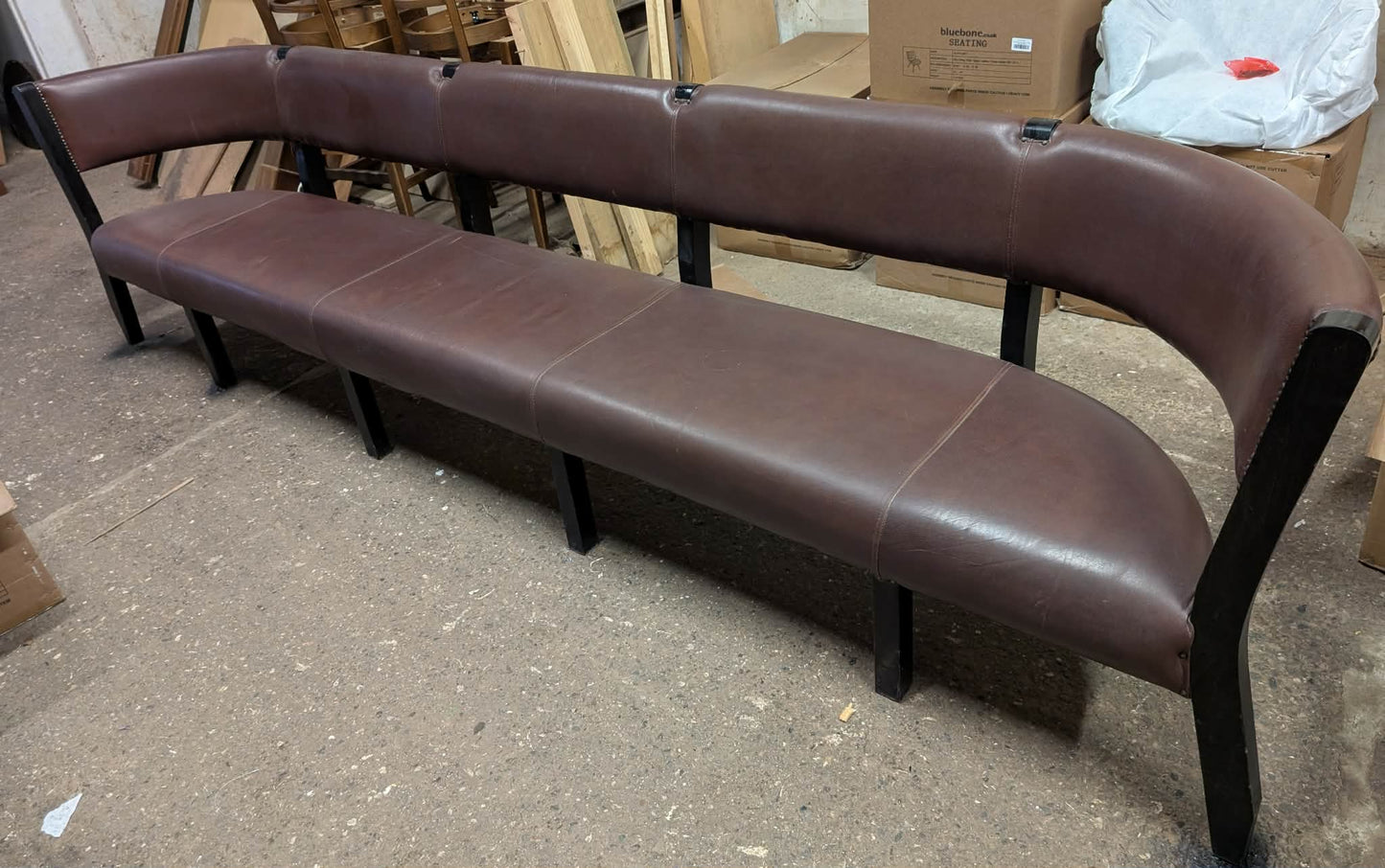 Long Red/Brown Faux Leather Indoor Pub / Bar /Cafe Bench with Black Wooden Frame