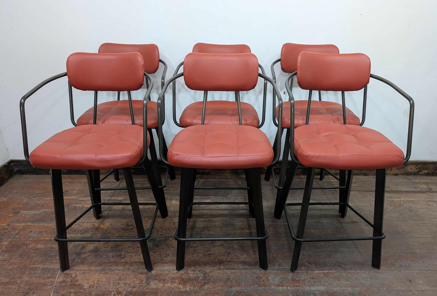 Set of 6 orange faux-leather counter-height stools for cafe / pub / restaurant