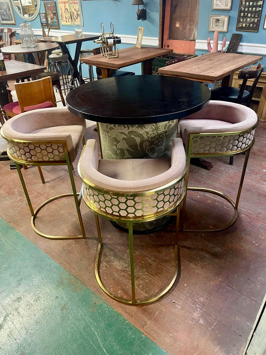 Round Black Pedestal Table & 4 Pink Velvet Gold Frame Bar Stools Set