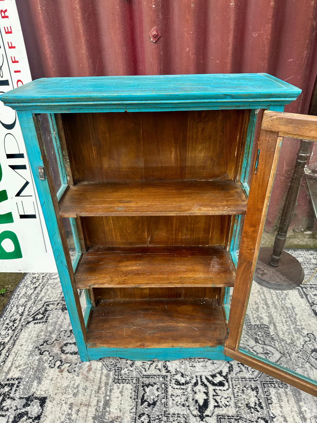 Turquoise Painted Glass Display Cabinet Wooden Shelves Rustic Boho Storage Unit