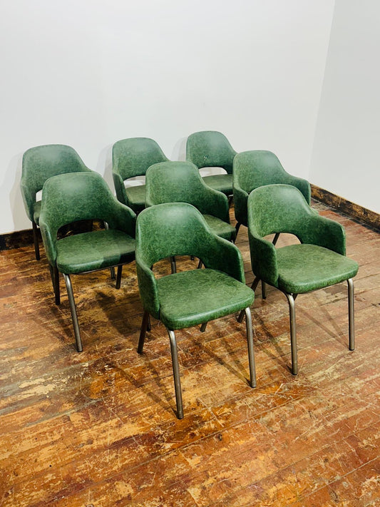 Set of 8 Green Leather Dining Chairs Armchairs Metal Legs Restaurant Cafe