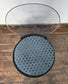 Set of Four Clear Plastic Spoonback Chairs with Blue Spotted Upholstered Seats
