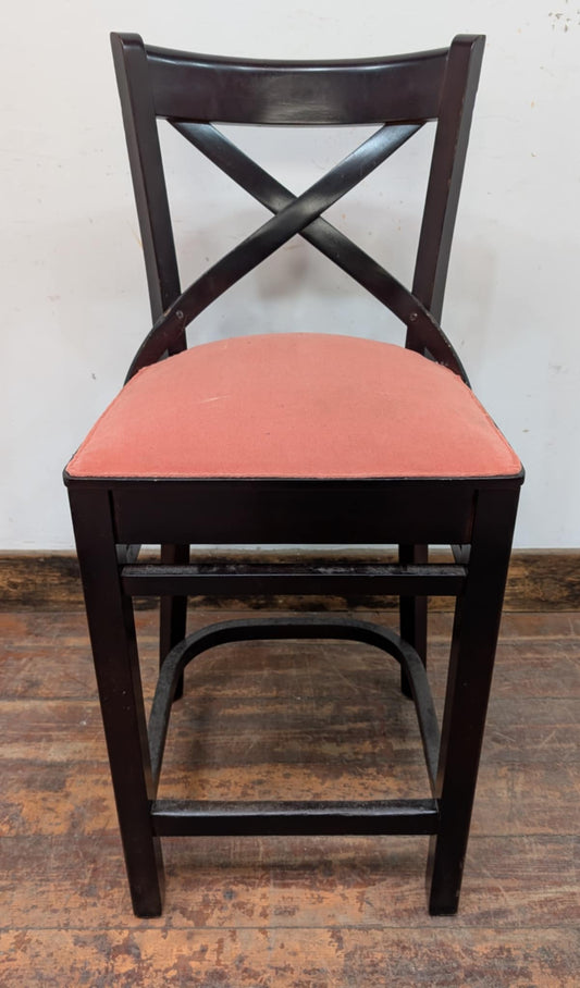Single Bar Stool / Salmon Pink Fabric Seat / Dark Wood Frame