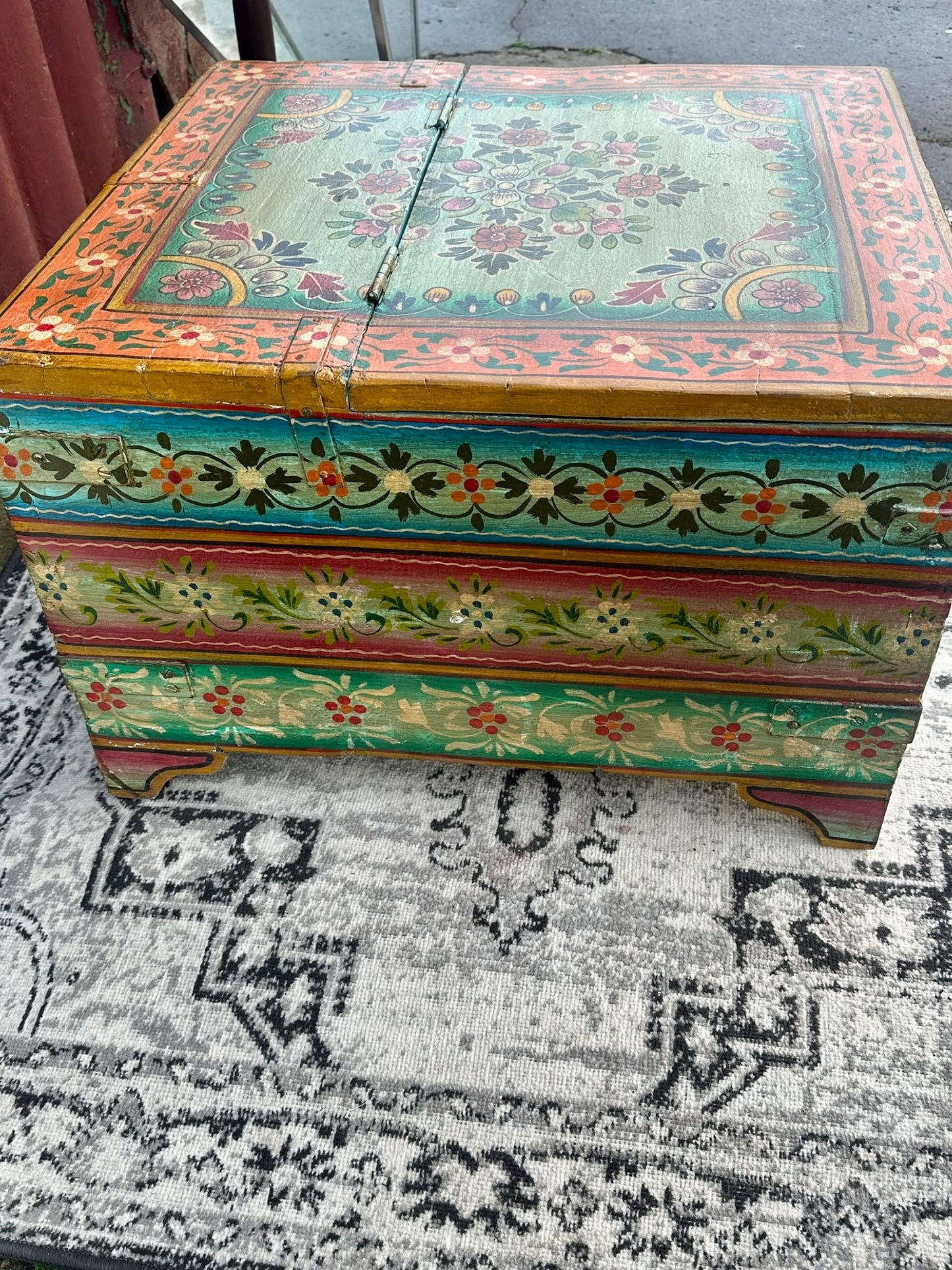 Colourful Hand Painted Wooden Storage Chest Coffee Table Floral Boho Style