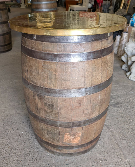 Round Rustic Barrel Table with Brass Top for Pub / Bar / Man-Cave
