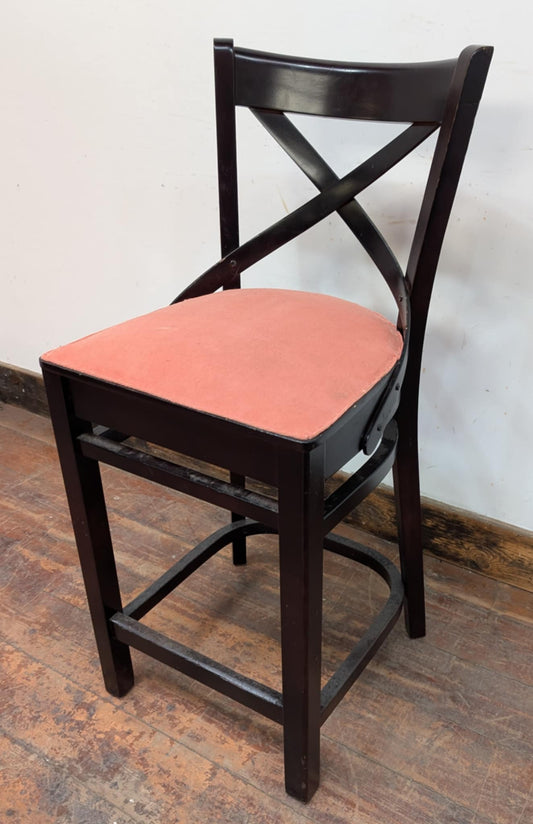Single Bar Stool / Salmon Pink Fabric Seat / Dark Wood Frame