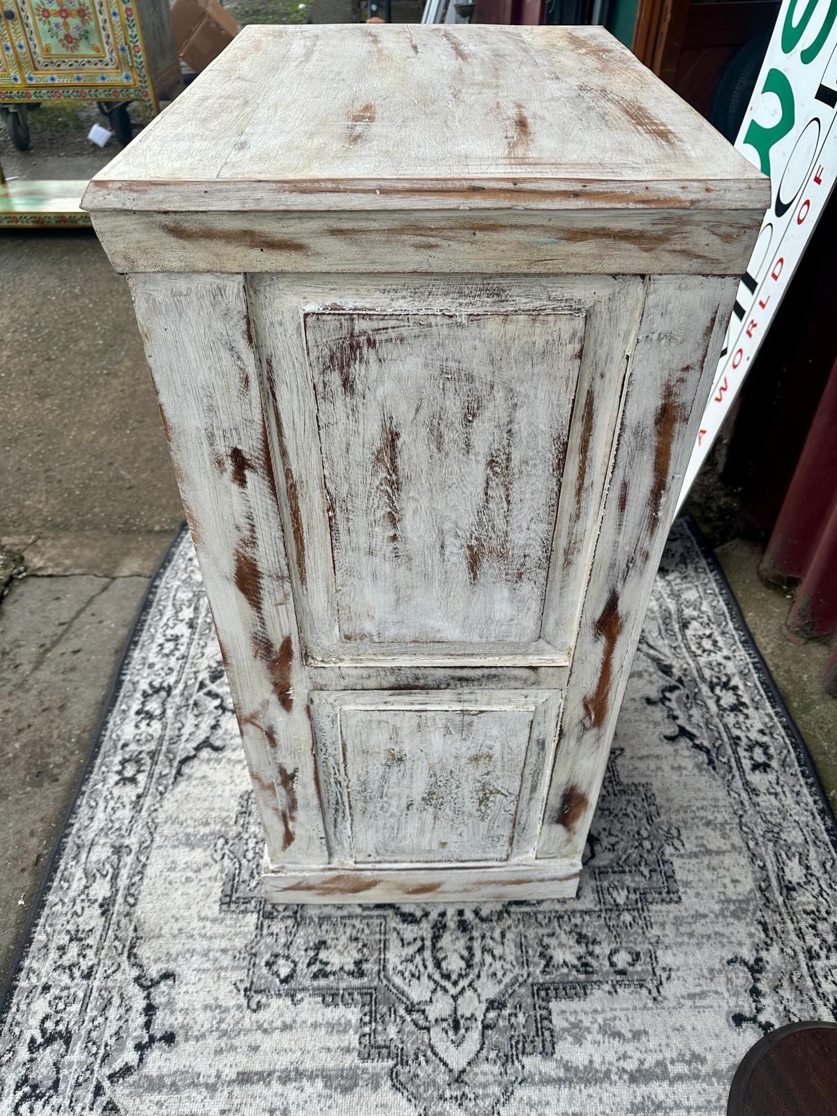 White Distressed Wooden Cabinet with Glass Panel Door Rustic Storage
