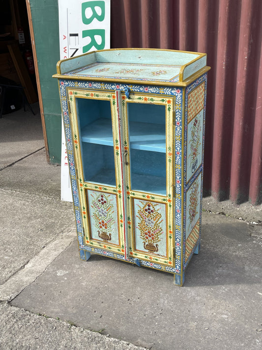 Hand Painted Indian Style Display Cabinet Glass Door Floral Decorative Storage