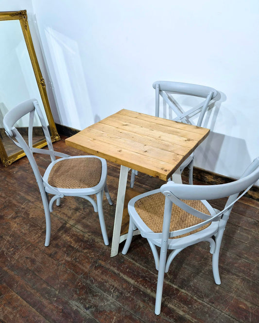 Set of Three White Bentwood Chairs and Triangular Base Wooden Table