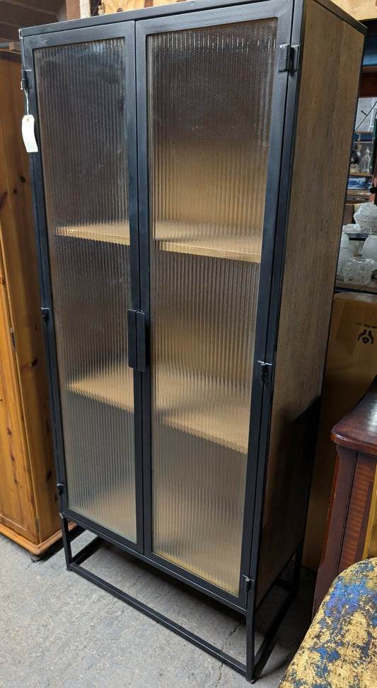 Standing Cabinet with Reeded Glass Doors / Metal Frame / Wood panels