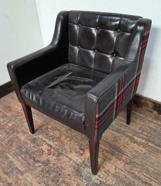 Square Black Faux Leather Tub Chair with Red Tartan Sides and Back