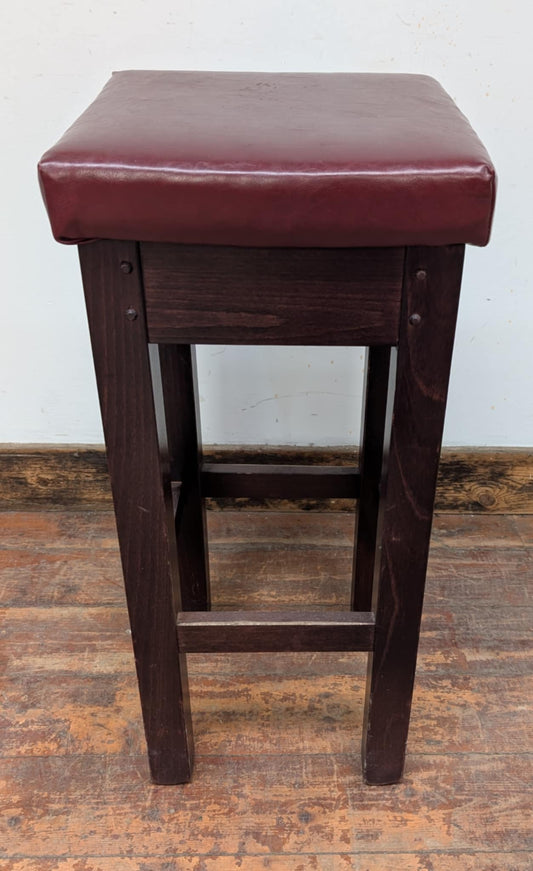Single Square Bar Stool / Red Faux Leather Seat / Dark Wood Frame