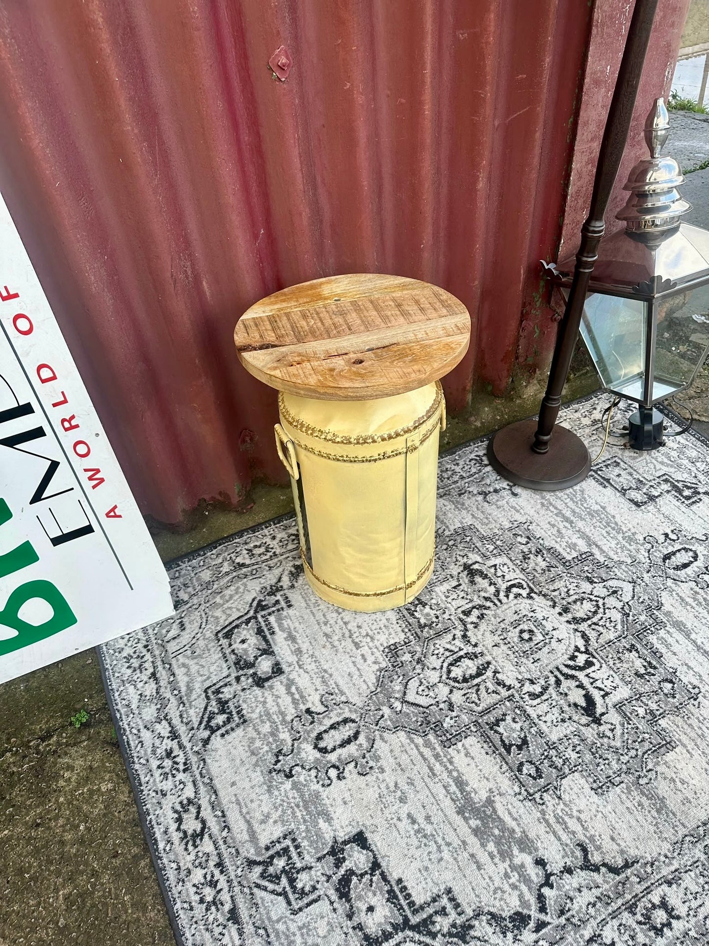 Farm Fresh Milk Decorative Side Table with Wooden Top Rustic Farmhouse Style