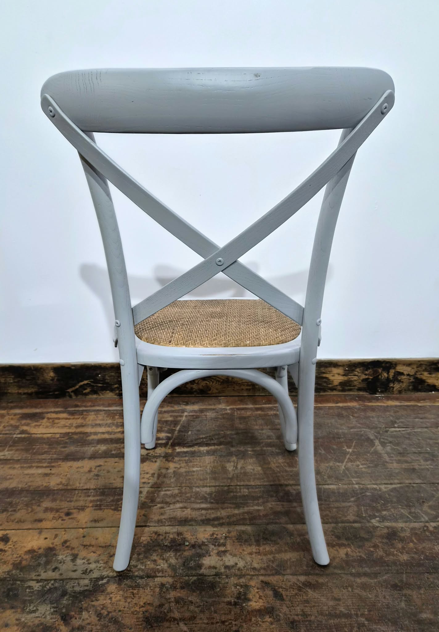 Set of Three White Bentwood Chairs and Triangular Base Wooden Table