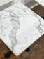 Pair of Marble Effect Bistro Tables with Ornate Black Cast Iron Bases Gold Trim