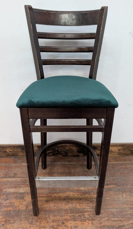 Single Bar Stool / Green Fabric Seat / Dark Wood Finish