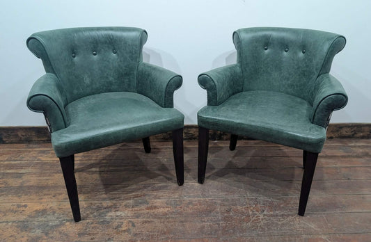 Pair Of Vintage Green Leather Tub Chairs With Patterned Fabric Backs