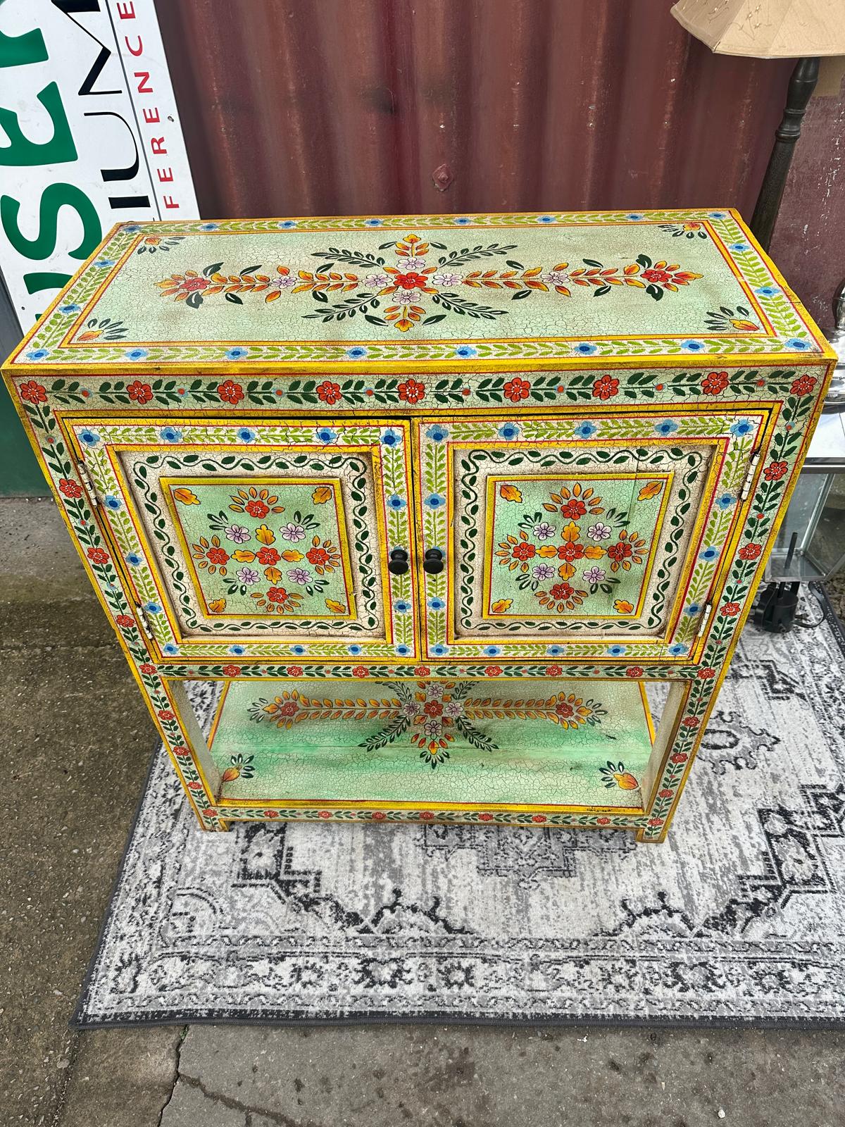 Hand Painted Floral Wooden Cabinet with Double Doors and Display Shelf