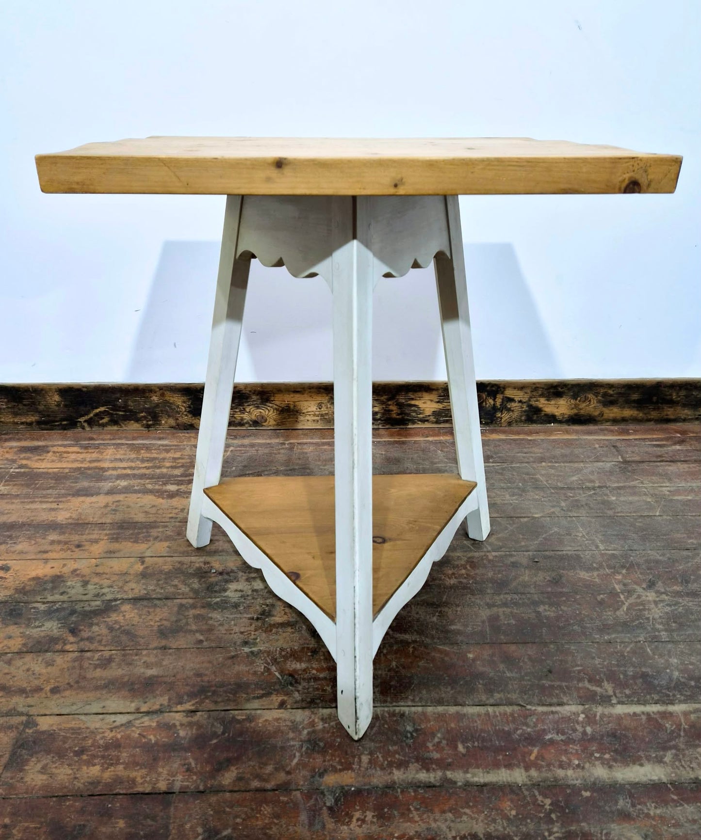 Set of Three White Bentwood Chairs and Triangular Base Wooden Table