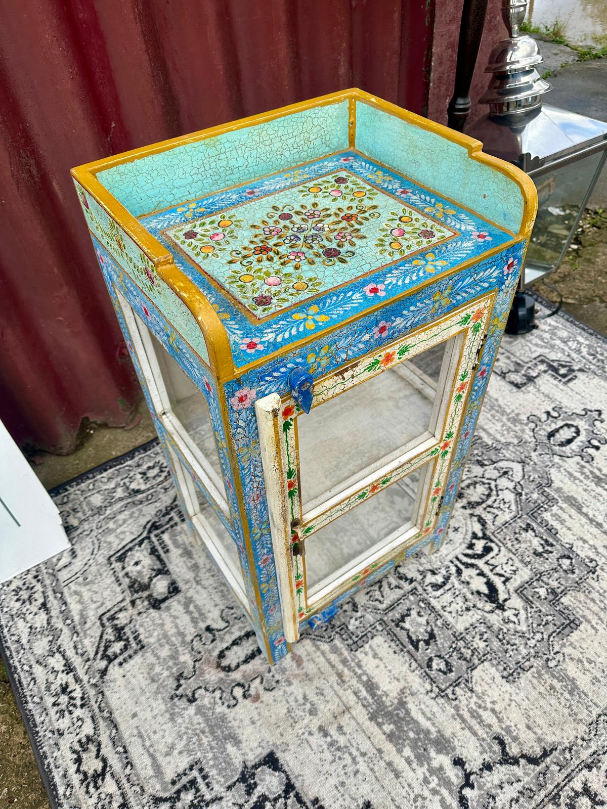 Colourful Painted Glass Display Cabinet Turquoise Blue Floral Storage Unit