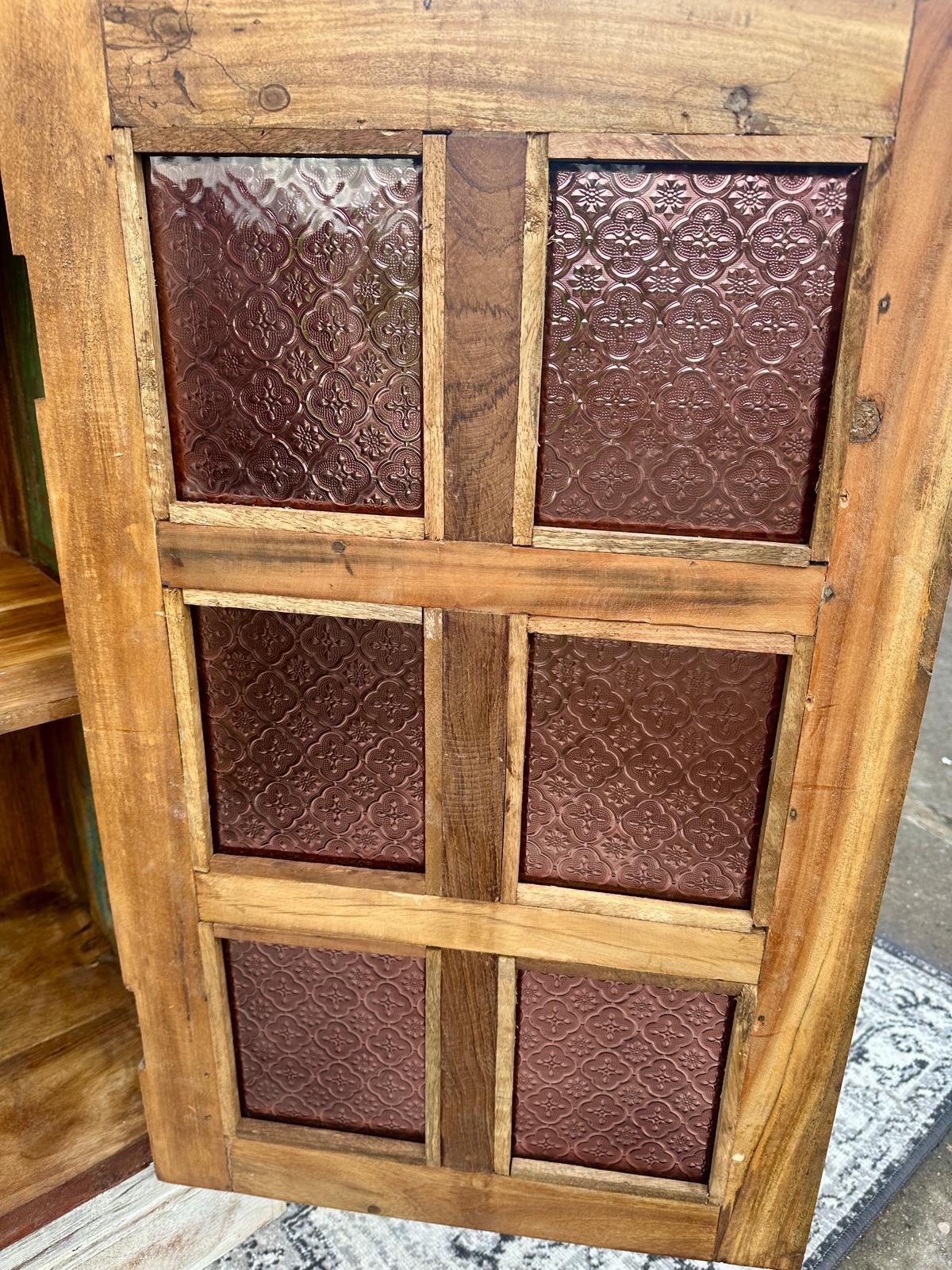 White Distressed Wooden Cabinet with Glass Panel Door Rustic Storage