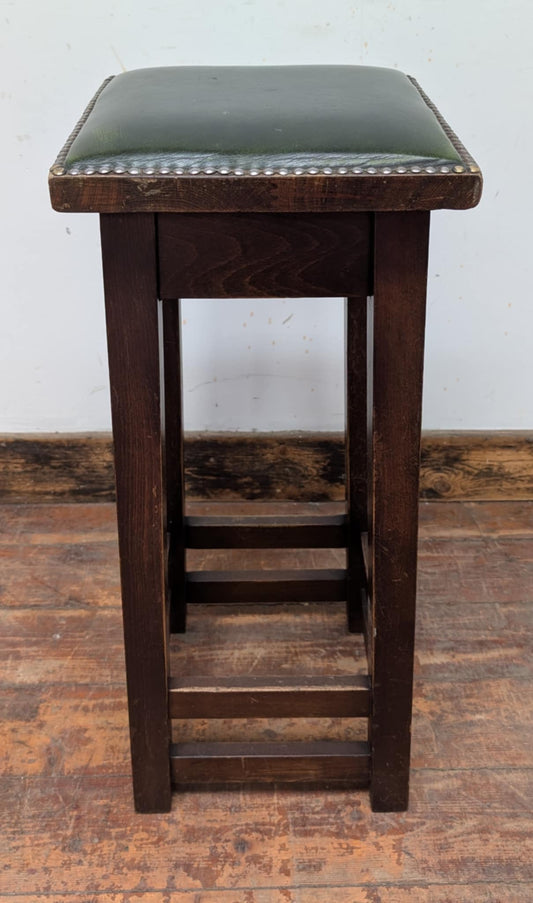 Single Square Bar Stool / Green Faux Leather Seat / Dark Wood Frame