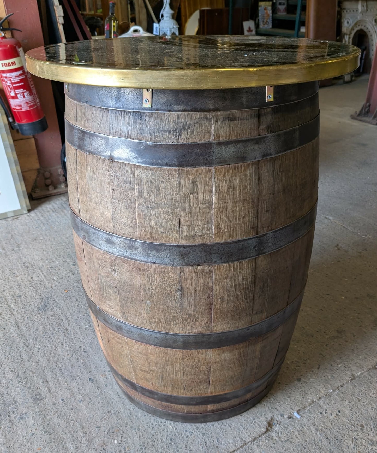 Round Rustic Barrel Table with Brass Top for Pub / Bar / Man-Cave