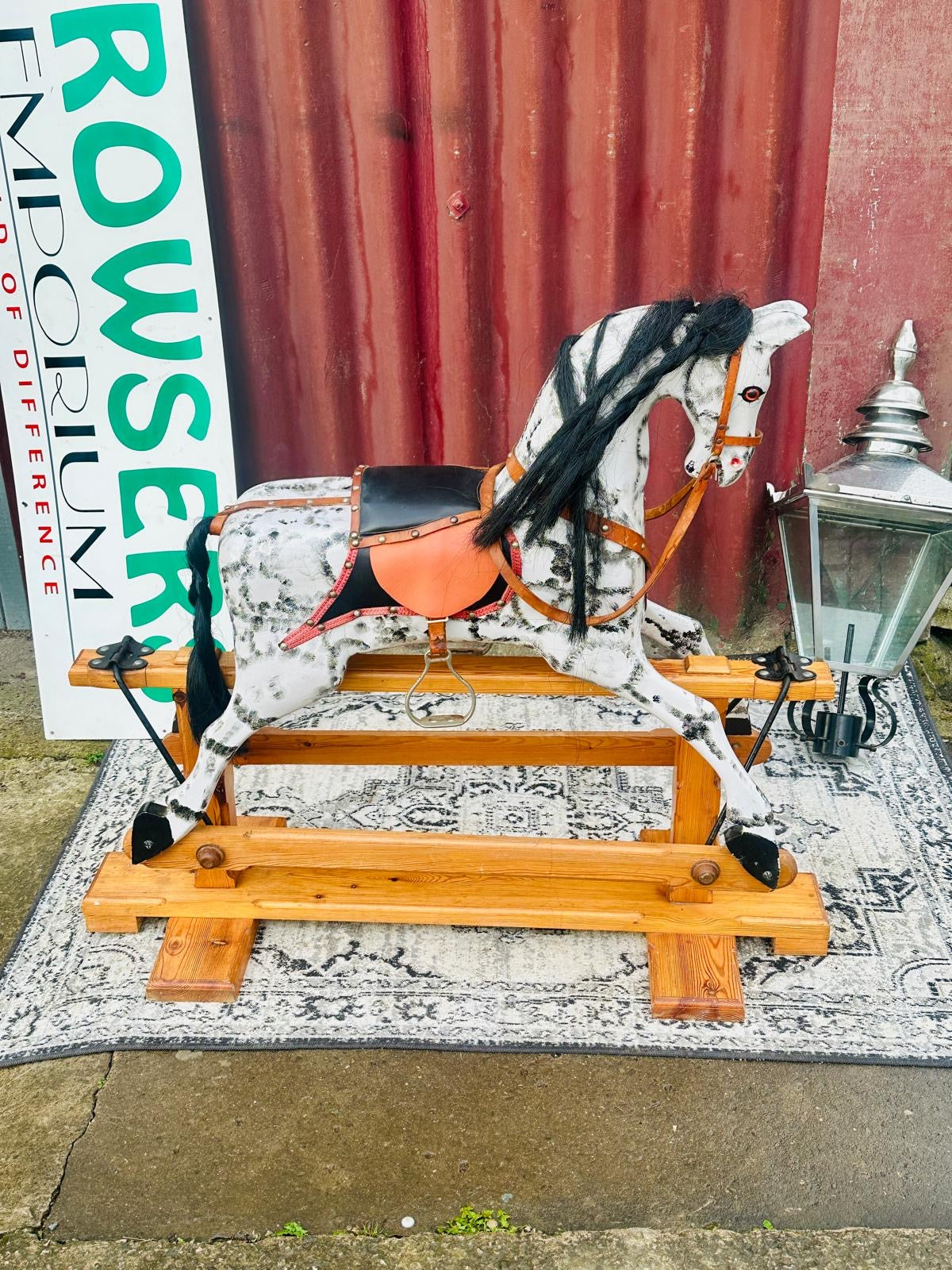 Wooden Rocking Horse with Saddle Bridle Black Mane & Tail on Timber Rocker
