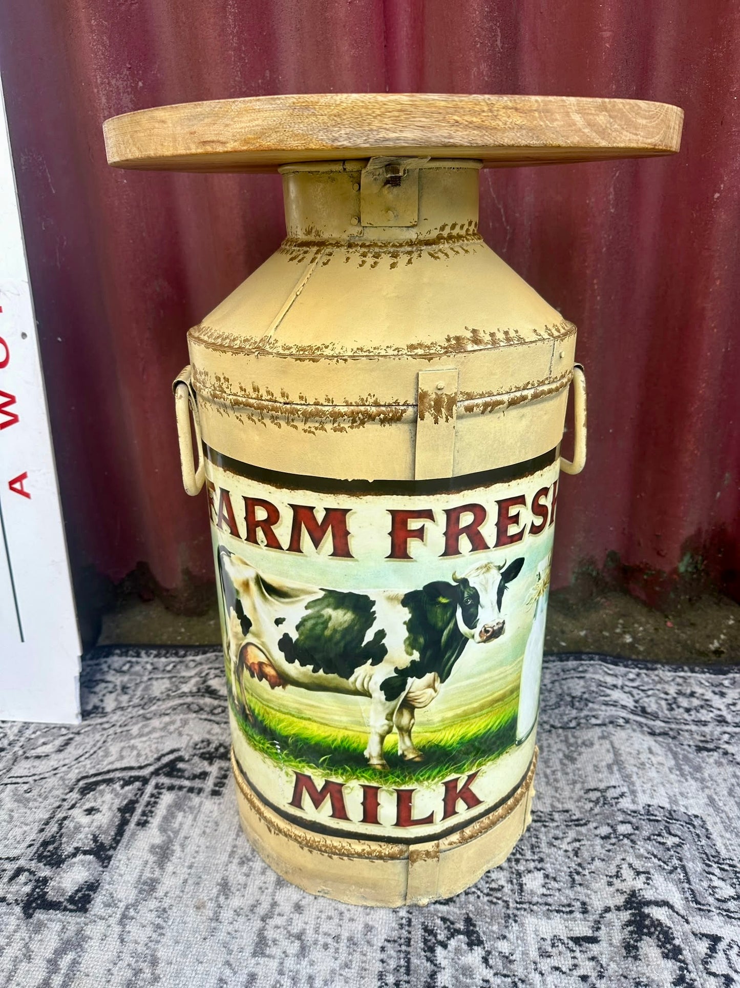 Farm Fresh Milk Decorative Side Table with Wooden Top Rustic Farmhouse Style