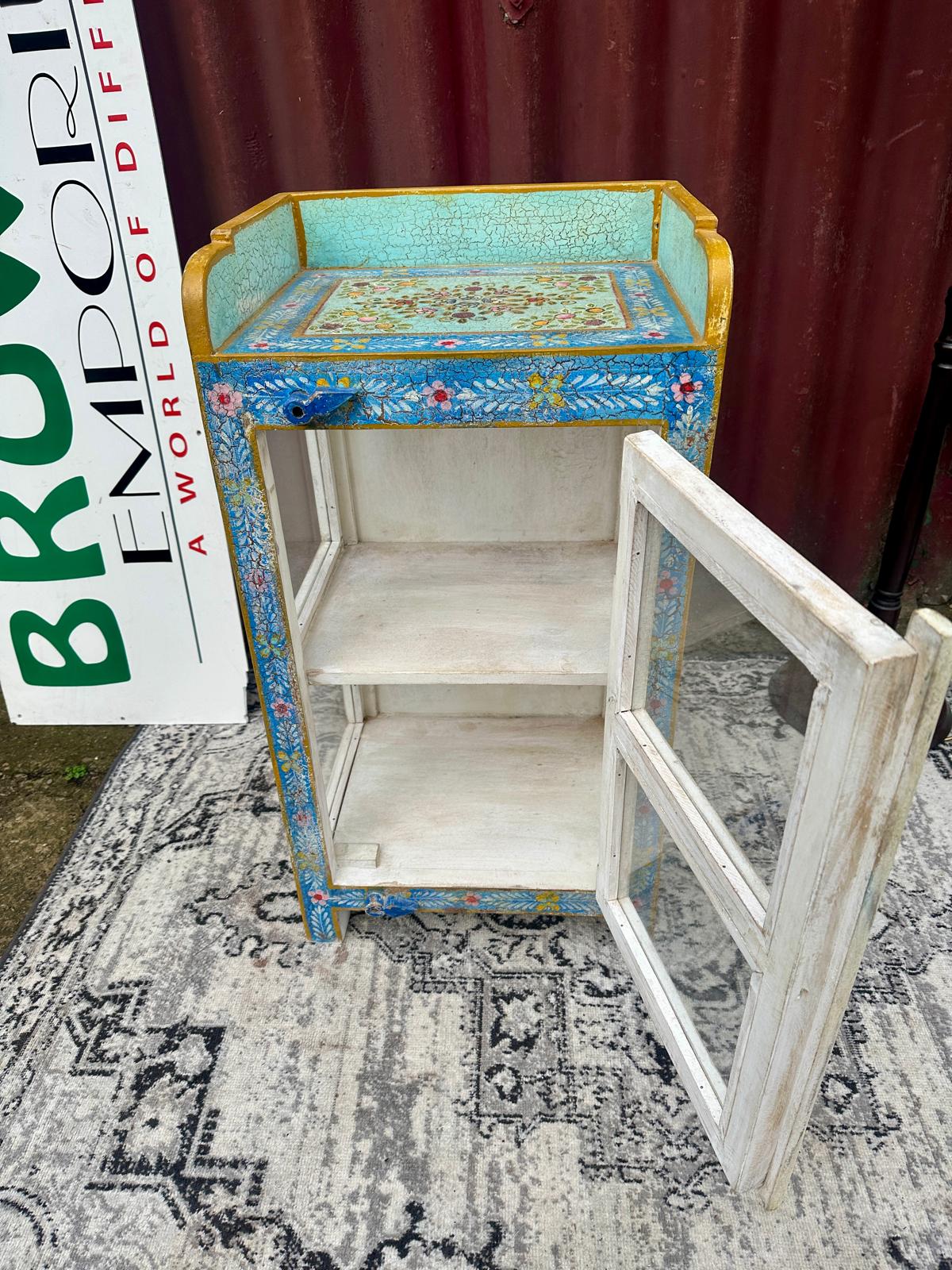 Colourful Painted Glass Display Cabinet Turquoise Blue Floral Storage Unit